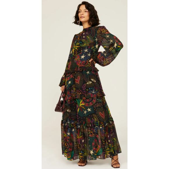 FARM Rio Dresses & Skirts - Farm Rio Small Amazonia Maxi Tiered Dress Black Floral Ruffled Long Sleeves